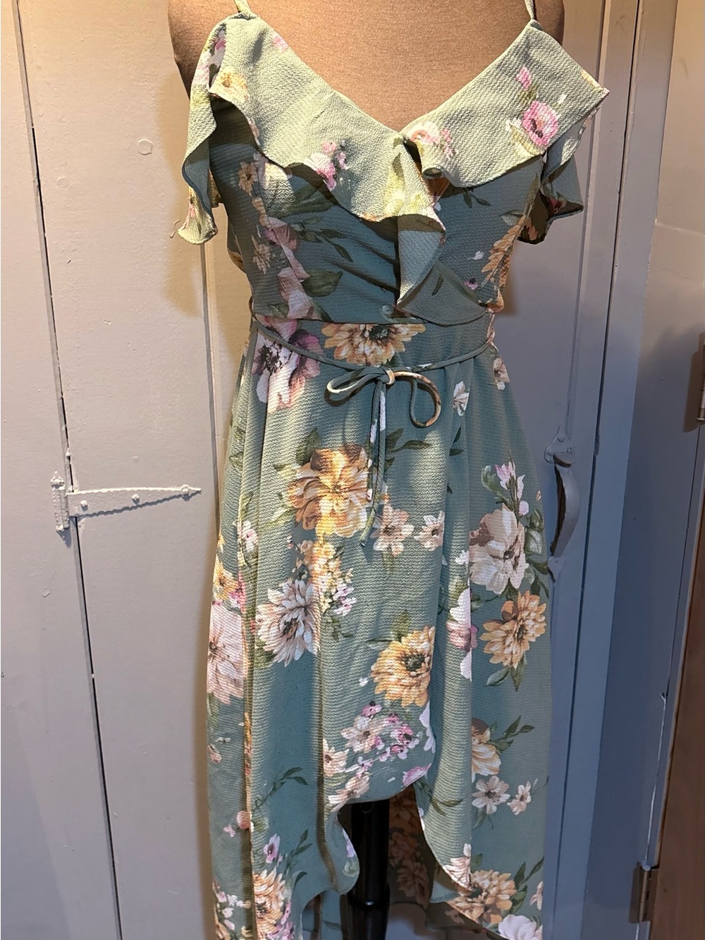 by & by Sage Green Floral Asymmetrical Ruffle Dress